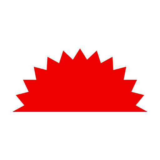 A simple red geometric shape resembling a semicircle with multiple triangular spikes along the curved edge on a white background.
